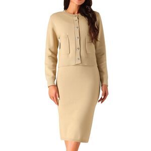 Two Piece Winter Button Down Cardigan Midi Skirts Casual Lounge Set Khaki